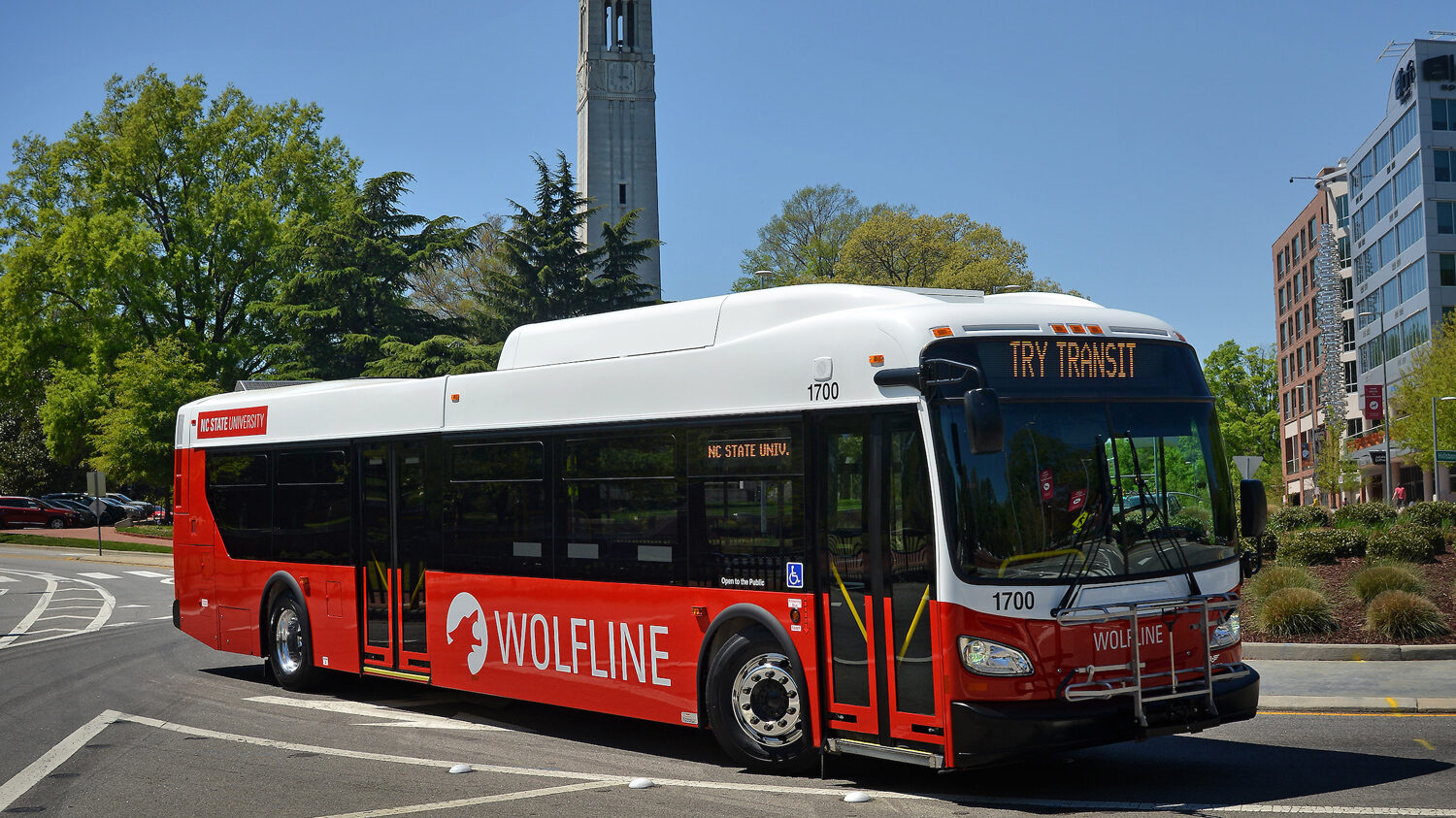 Wolfline Bus in Front of the Memorial Belltower