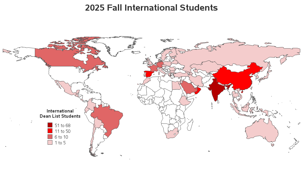 Heat map of Fall 2025 international students who qualified for the Dean's List at NC State University, with the highest number of students coming from India.