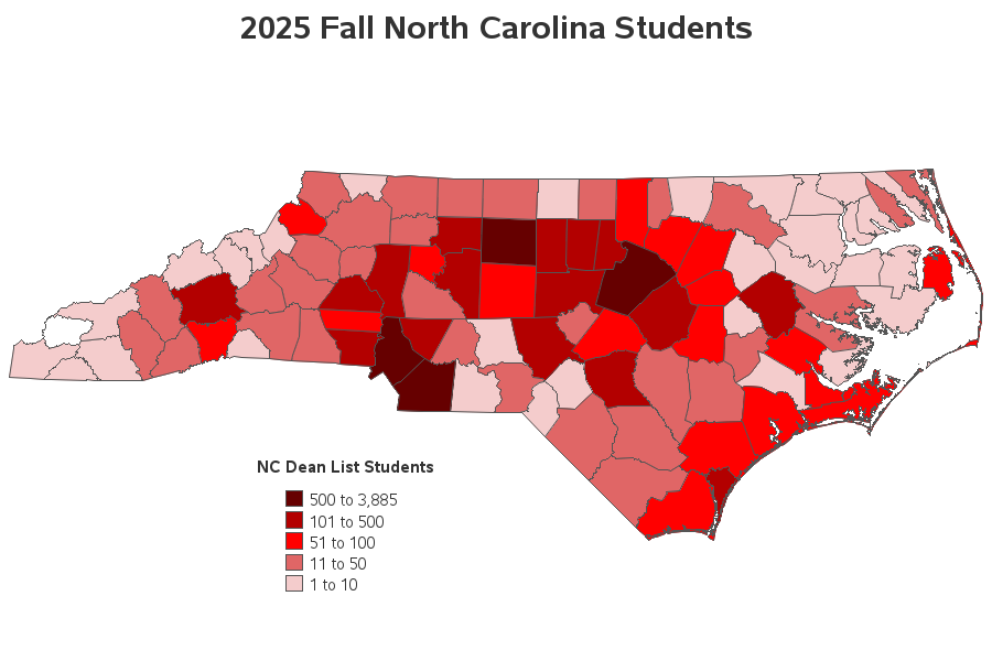 Heat map of Fall 2025 in-state students who qualified for the Dean's List at NC State University, with the highest number of students coming from Guilford, Mecklenburg, Union and Wake counties.