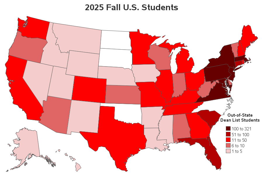 Heat map of Fall 2025 out-of-state students who qualified for the Dean's List at NC State University, with the highest number of students coming from Maryland, Massachusetts, New Jersey, New York, Pennsylvania and Virginia.