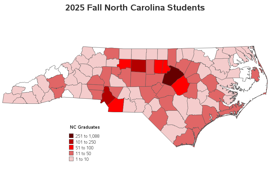 Heat map of Fall 2025 in-state students who graduated from NC State University, with the highest number of graduates coming from Wake County.